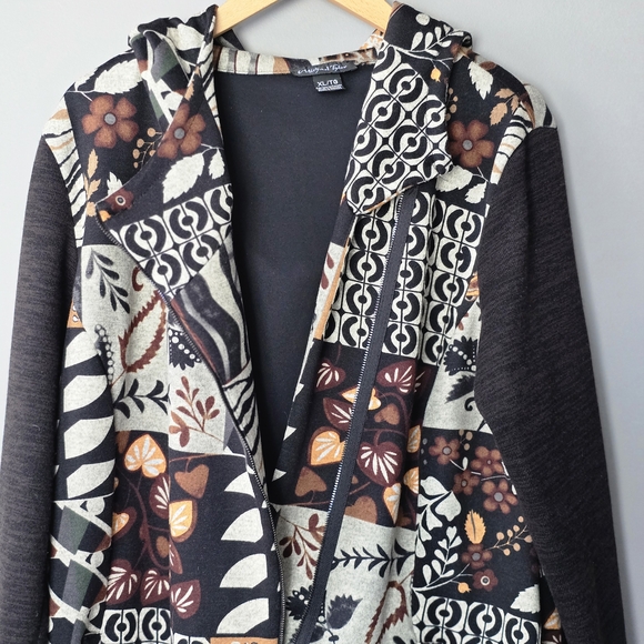 Long-sleeve, hooded asymmetrical zip-up jacket.  Patchwork design. - Picture 2 of 8